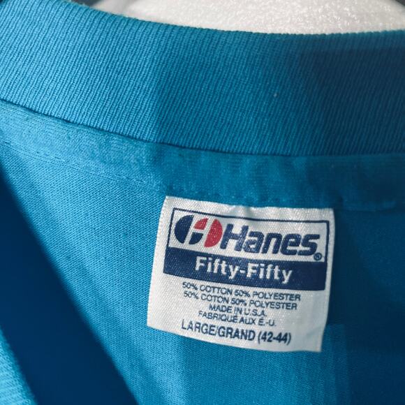 Hanes VTG 90s T Shirt Fifty Fifty Teal Floral  1991 Southern Silk Screen L - Picture 5 of 6